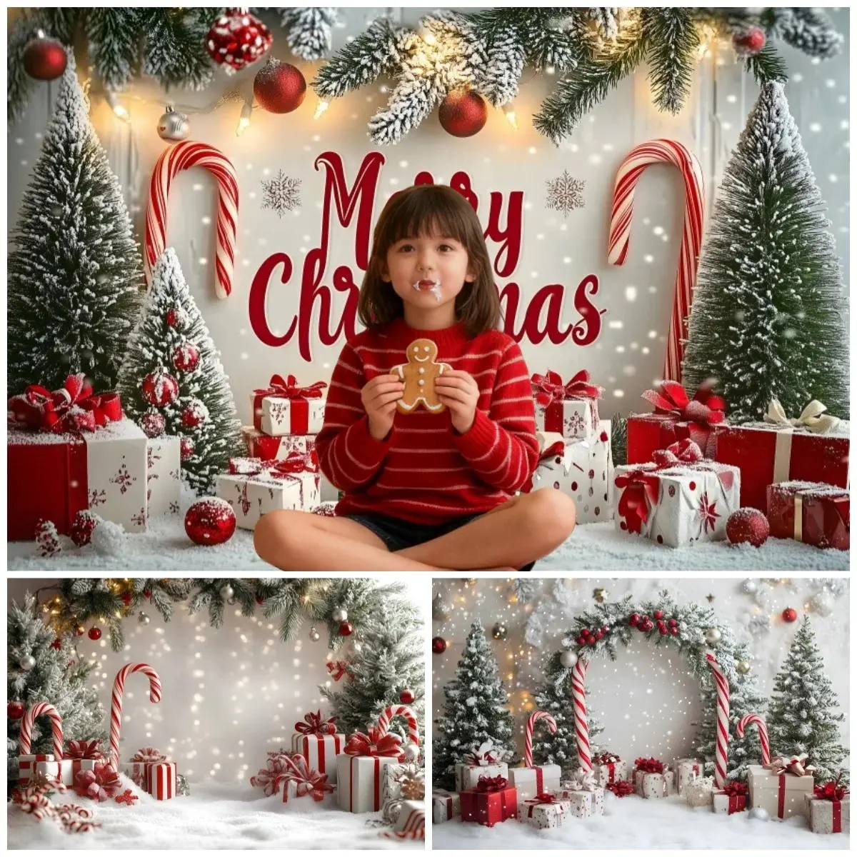 Christmas Backdrop Decorations Merry Christmas Sign Gift Box Candy Canes Xmas Tree For Holiday Display Photo Shoots Background