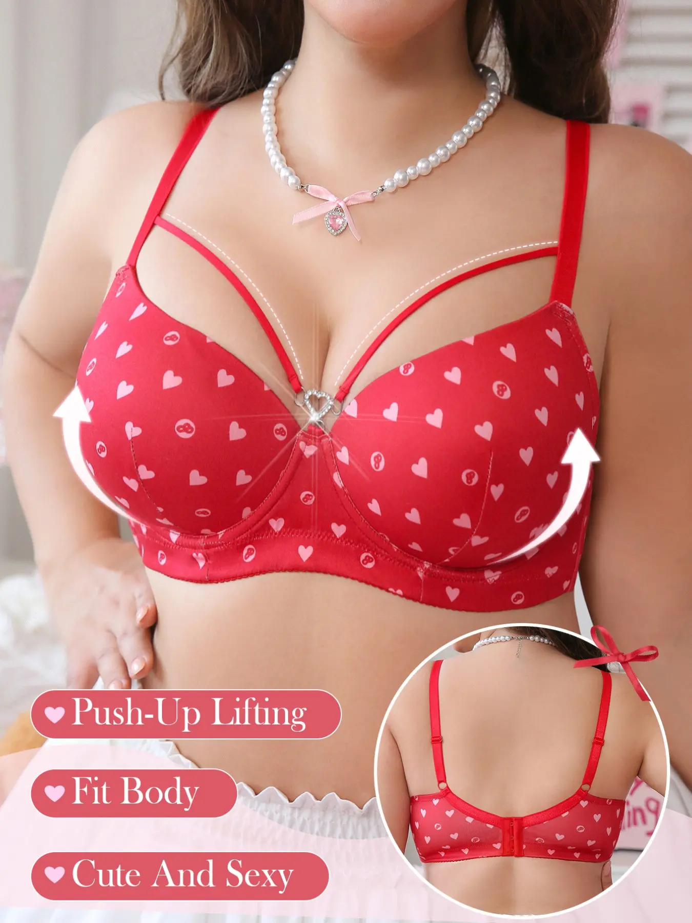 Women's Plus Size Red Heart Print Push-Up Lifting Bra, Front Double Straps, Heart Rhinestone Decor, Adjustable Straps, Cute Sexy Lingerie For Daily & Date