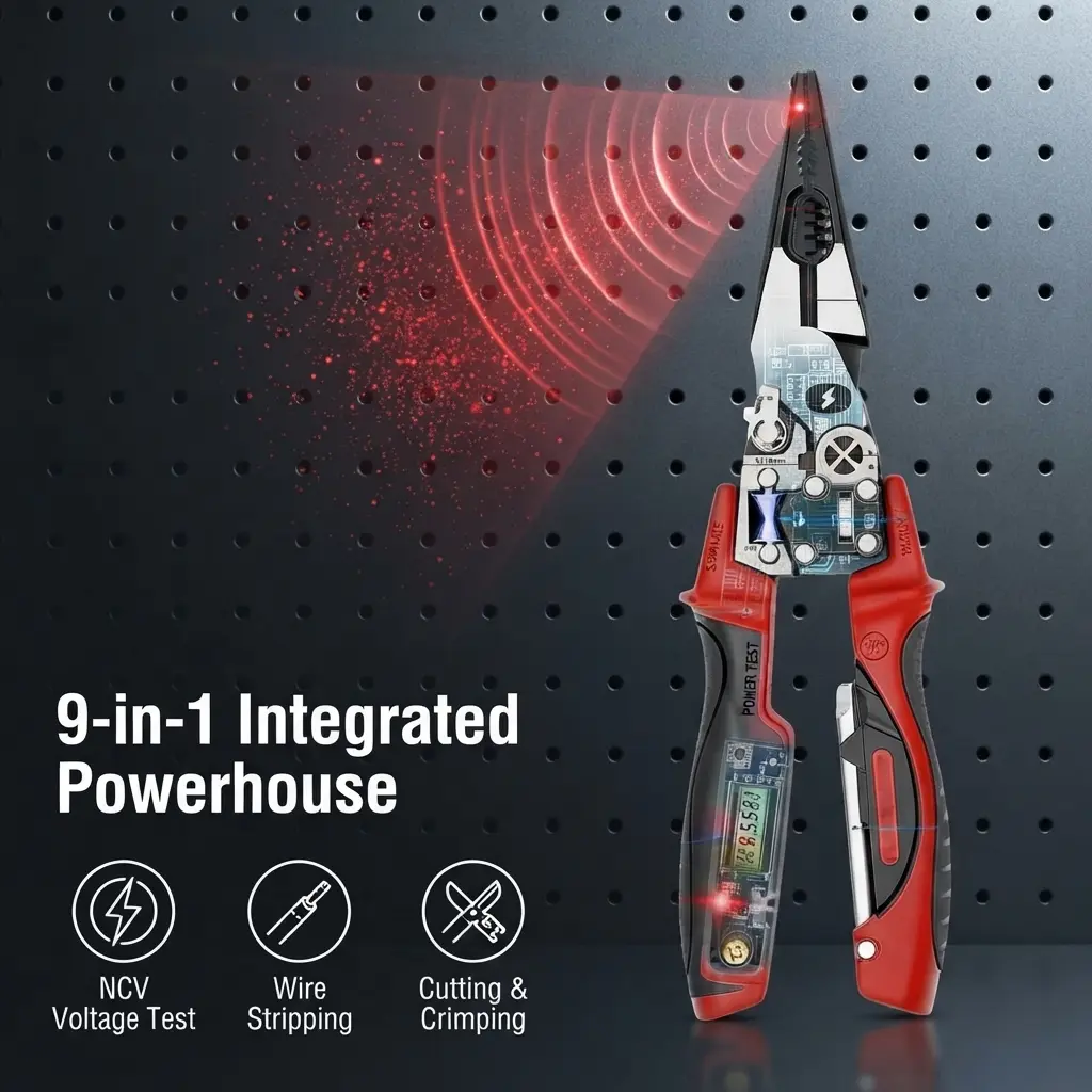 Electrician Pliers with Digital Display Voltage Tester, 8 in 1 Wire Stripper and Twister Tool, Non-Contact AC Voltage Detector, Auto Wire Stripper Cutter Crimp Ferrule Splitter, Heavy Duty Electrical Pliers for Wire Twisting,