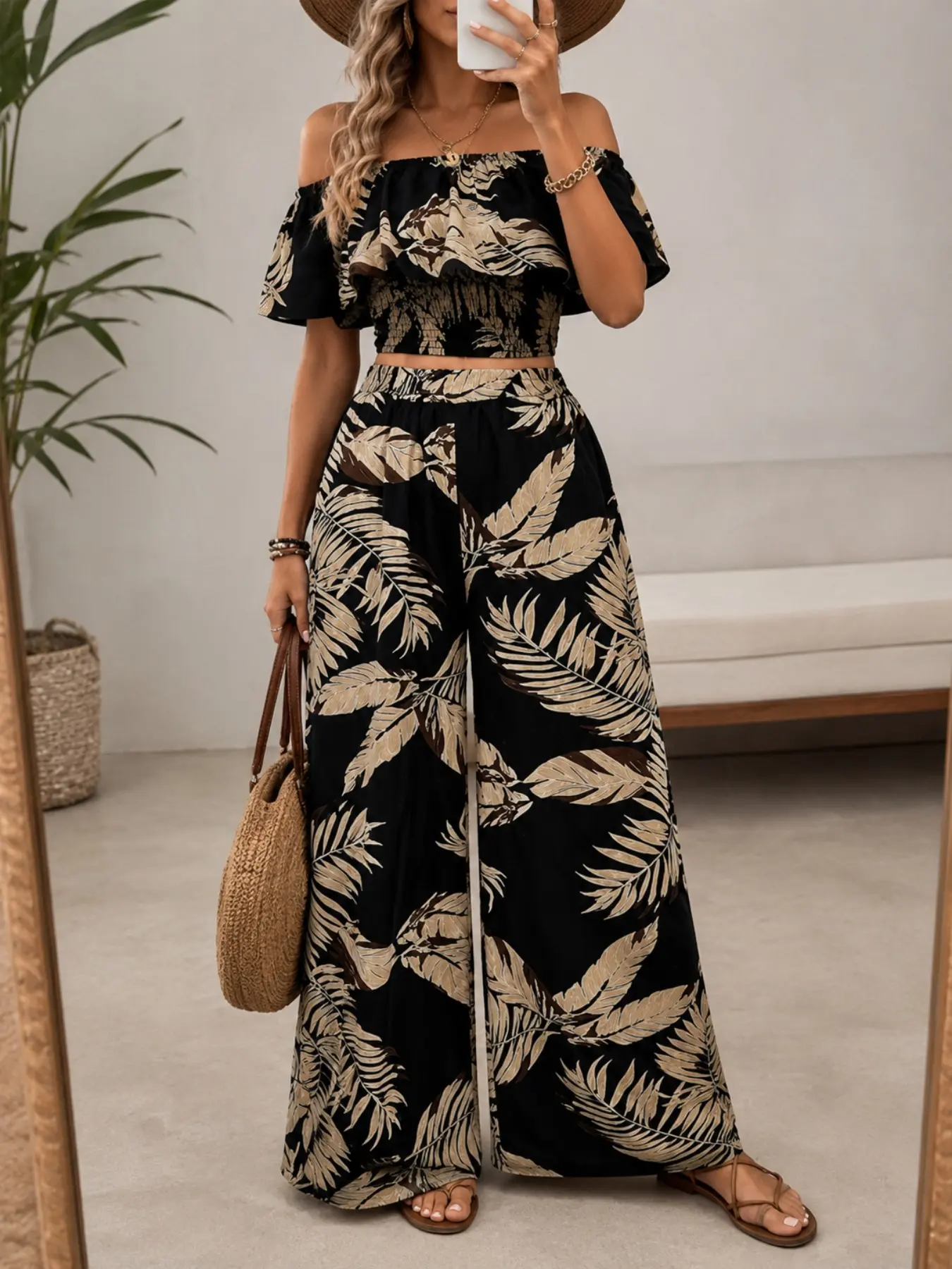Tropical Leaf Print One-Shoulder Two-Piece Set, Romantic Bardot Top with Wide Leg Pants, Loose Fit, Casual Summer Chic