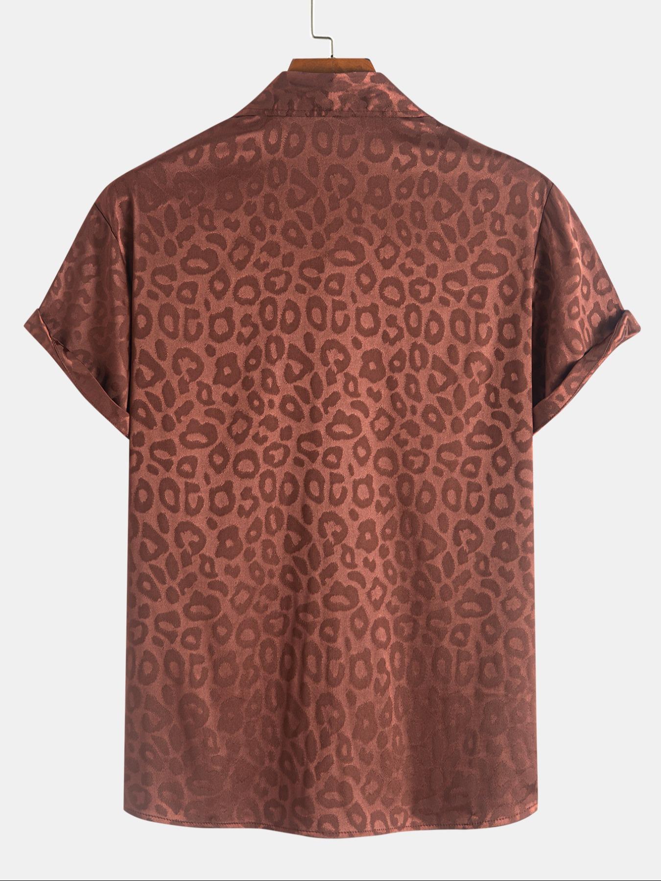 Men's Leopard Jacquard Satin Short Sleeve Shirt, Casual Party Shirt, Regular Fit Casual Soft Comfy Button Front Collared Top for Summer, Fashion Men's Clothes for Daily Wear