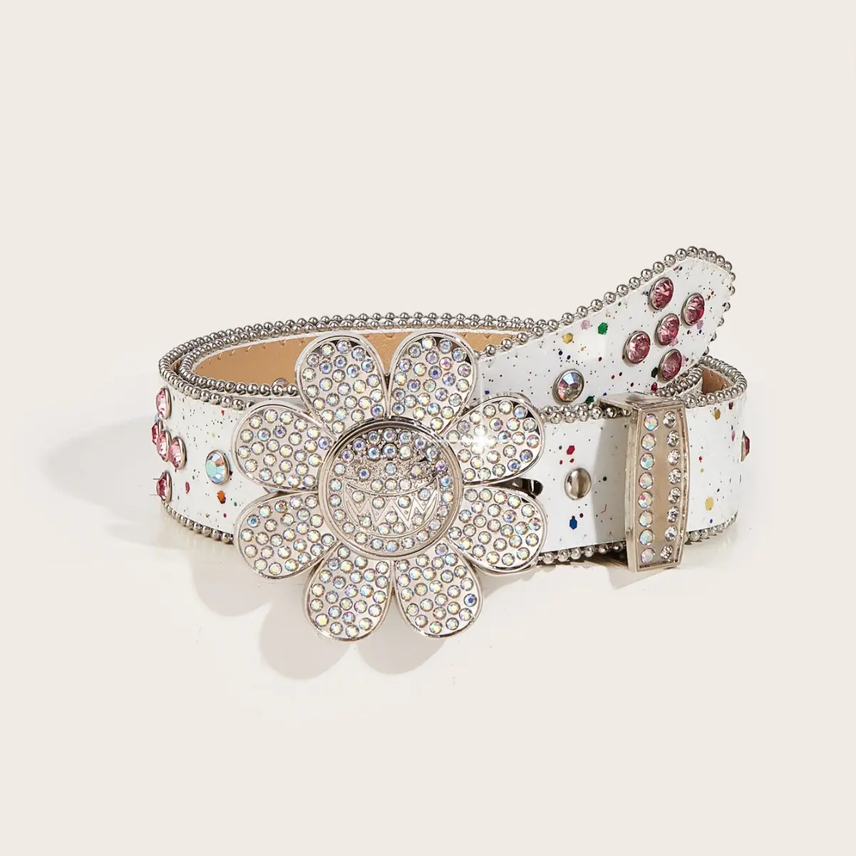 Women Rhinestone Sunflower Buckle Wide Belt, European American Y2K Bling Crystal Studded Waist Strap, Luxury High Fashion Decorative Belt for Jeans Dresses, 4 Patterns Available
