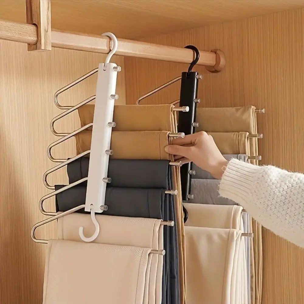 6-in-1 Multi-Functional Pants Hanger Set, Space-Saving Foldable Seamless Non-Slip Home Organizer for Hanging Clothes Stainless Steel