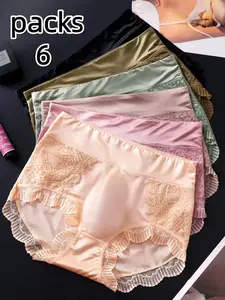 6-Pack High-End Satin Men's Underwear, Floral Lace Trim Waist and Thigh, High Elastic Comfort, Casual Fitted Briefs for All Seasons