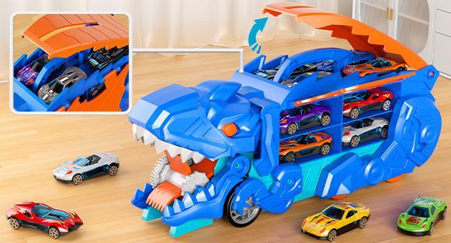 Foldable Transformable Dinosaur Truck with 12 Die-cast Cars, Slide Forward, Car Track, Transport Set, Best Gift for Birthday/Christmas, High Quality Design Party Party Holiday Gift