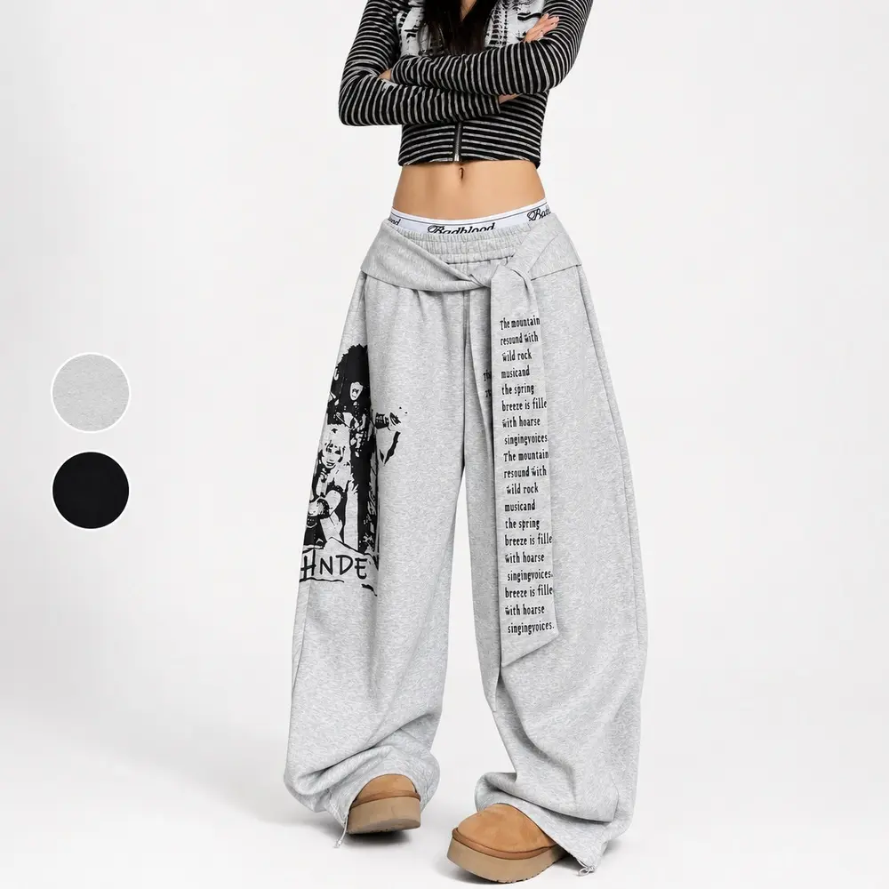Ladies Hip‑Hop Street Dance Sweatpants, Grey Belt Curved‑Cut Design Loose Wide‑Leg Slim‑Looking Casual Long Pants