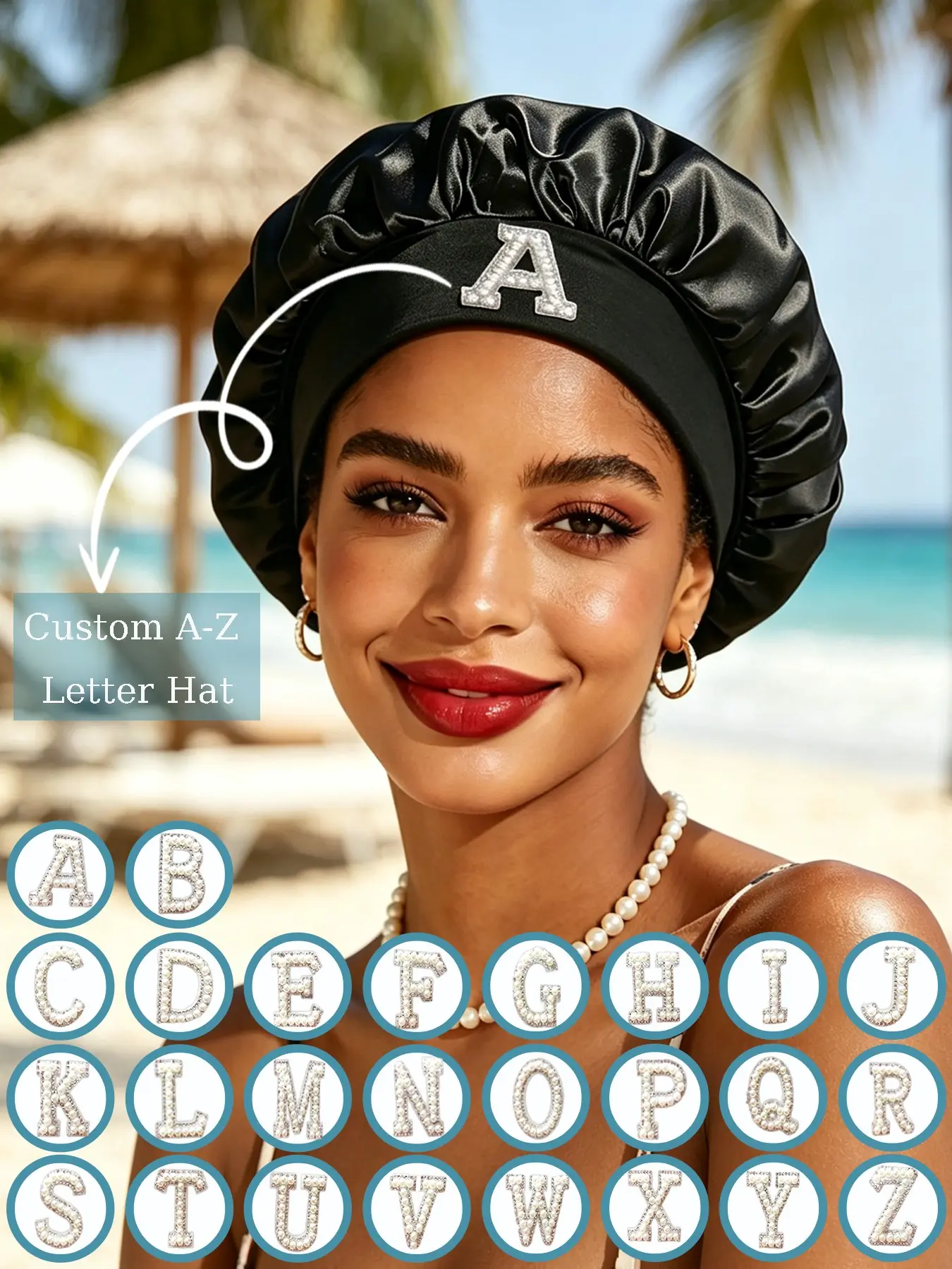 1PC Black Customizable A-Z Initial Sleeping Bonnet, Soft Stretch Shower Cap, Haircare Washing Hat For Women And Girls, Ideal For Household, Hair Salon, Bath And Daily Outdoor Scenes, Lovely Accessory For Gifting Girlfriends