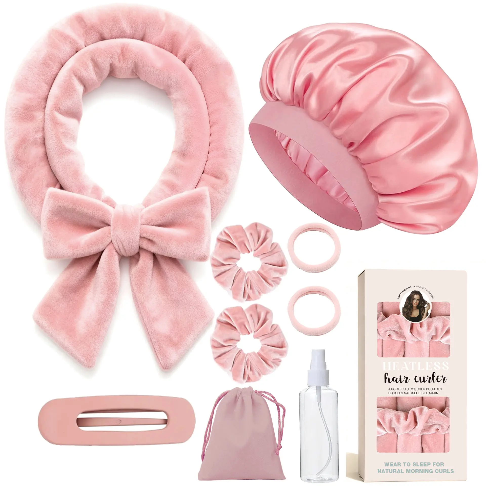 9 Pieces Soft Satin Material Heatless Overnight Hair Curling Ribbon Set, Bow Designed Lazy Twist Hair Bun Making Tool, Non-Electric Manual Hair Styling Accessories for Creating Curls and Buns During Sleep