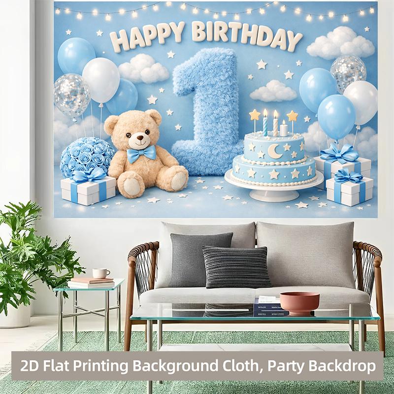 Blue 1st Birthday Party Backdrop Banner, Teddy Bear Theme, Polyester Material, Indoor Outdoor Decor, Stage Room Decoration, Holiday Party Supplies