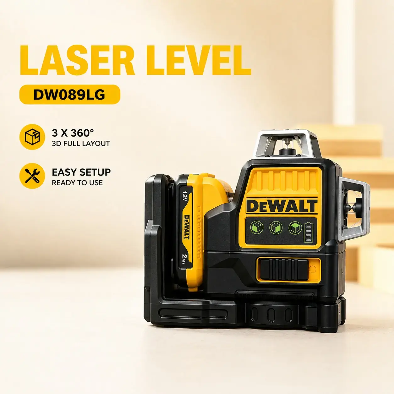 Dewalt DW089LG 12V Green Laser Level Tool - 12-Line, 3-Sides, 360° Room Coverage Vertical Self-Leveling Unit for Professional Leveling Applications