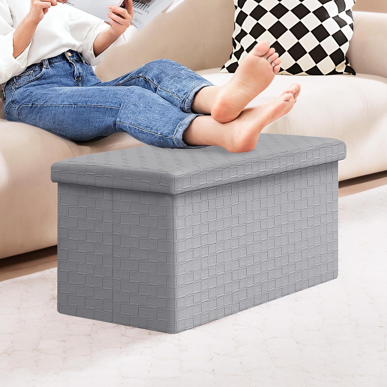 Footlocker Dorm, Bedroom| Versatile Toy Box, Blanket Chest & Compact Seat with Stylish Hidden Storage Grey 30"x15"x15"