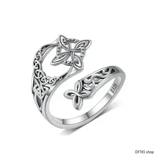 925 Sterling Silver Adjustable Open Band Ring Engraved With Celtic Witch Knot Pattern Polished Minimalist Metal Worn Jewelry For Women Daily Pagan Ceremony Casual Outfit Decor