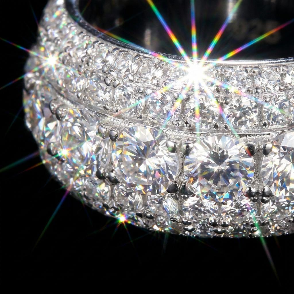 Moissanite Ring for Women - Triple Row Pave Setting D Color VVS1 Clarity 9.25 Hardness Lab Grown Diamond Alternative Engagement Wedding Band