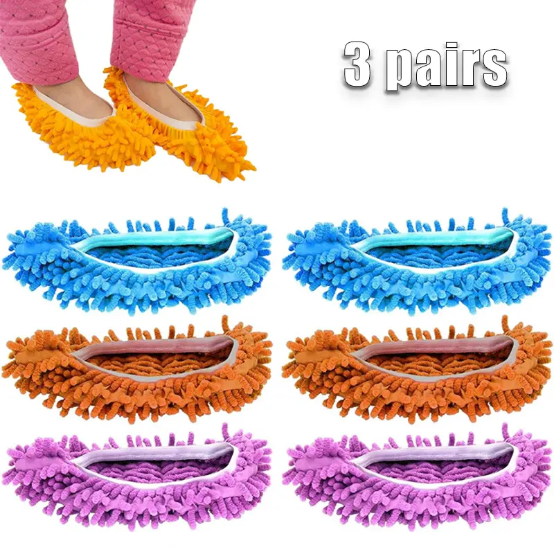[Soft House Mop Slippers] 3 Pairs Microfiber Cleaning Slippers |   Reusable Machine Washable Mop Socks, Floor Shoe Cover