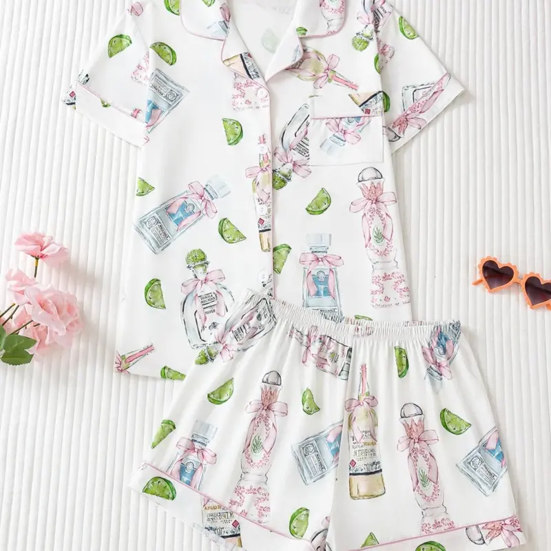Two-Piece Fresh Girl Feng Shui Perfume Bottle Lemon Print Women's Pajamas Nightwear, Collared Button Short Sleeve and Loose Comfort Shorts, Sweet Elegant Casual Style Pajama Set, Shorts Pyjama Set