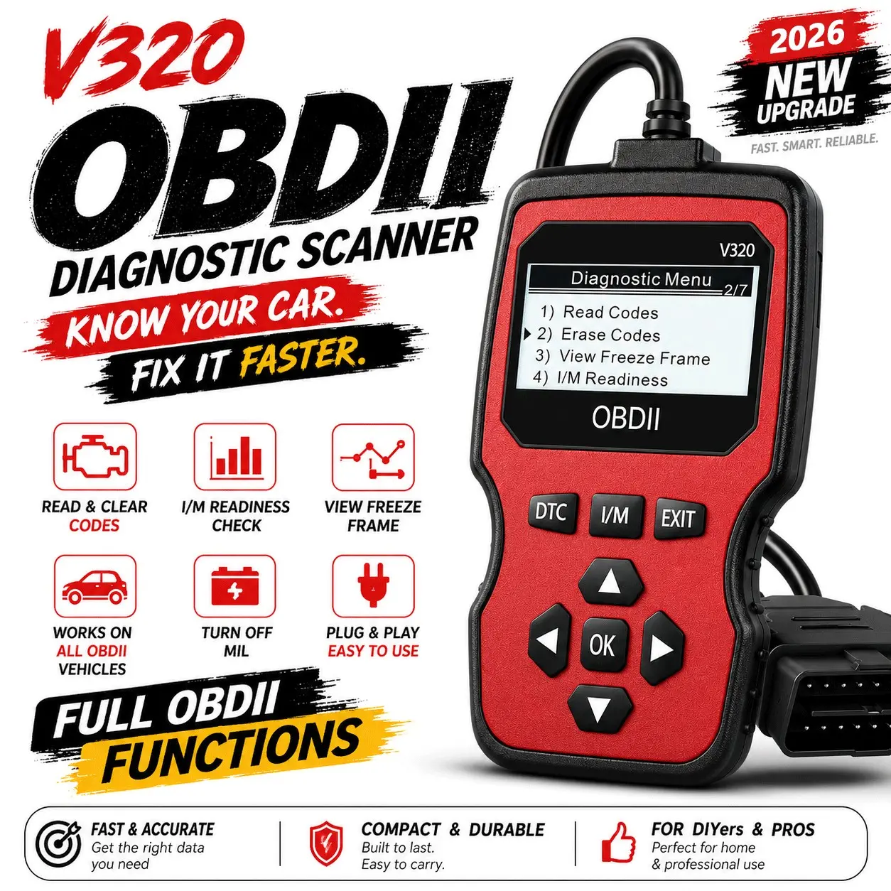 V320 Automotive Obd2 Engine Fault Code Reader, Ideal for Mechanics & Diyers, All-In-One Scan Tool for Obd Ii Protocol Cars Since 1996