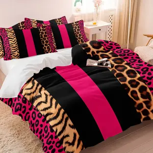 Wild Animal Print Vertical Stripe Black Hot Pink Bedding Set, 1 Duvet Cover + 1-2 Coreless Pillowcases, Breathable Cozy Durable Fabric, Mixed Leopard Tiger Print Contrast Design, Unique Fashion Decor Gift, Comfy Bedding Sets