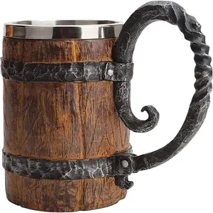 Wooden Barrel Beer Mug, Large Viking Cup Wood Style Beer Stein with Handle, Double Wall Stainless Steel Tankard Mug, Antique gifts for Men Bar Restaurant Renaissance Accessories