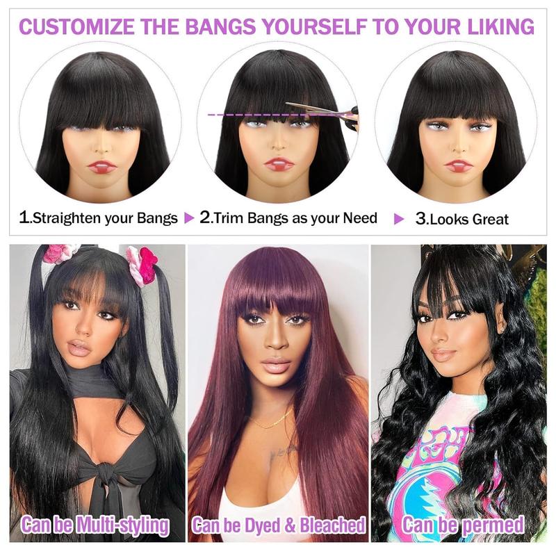 Straight Wigs Human Hair with Bangs 180% Density Brazilian Virgin Human Hair Wigs for Women Glueless Wigs Human Hair Machine Made None Lace Front Wigs Natural