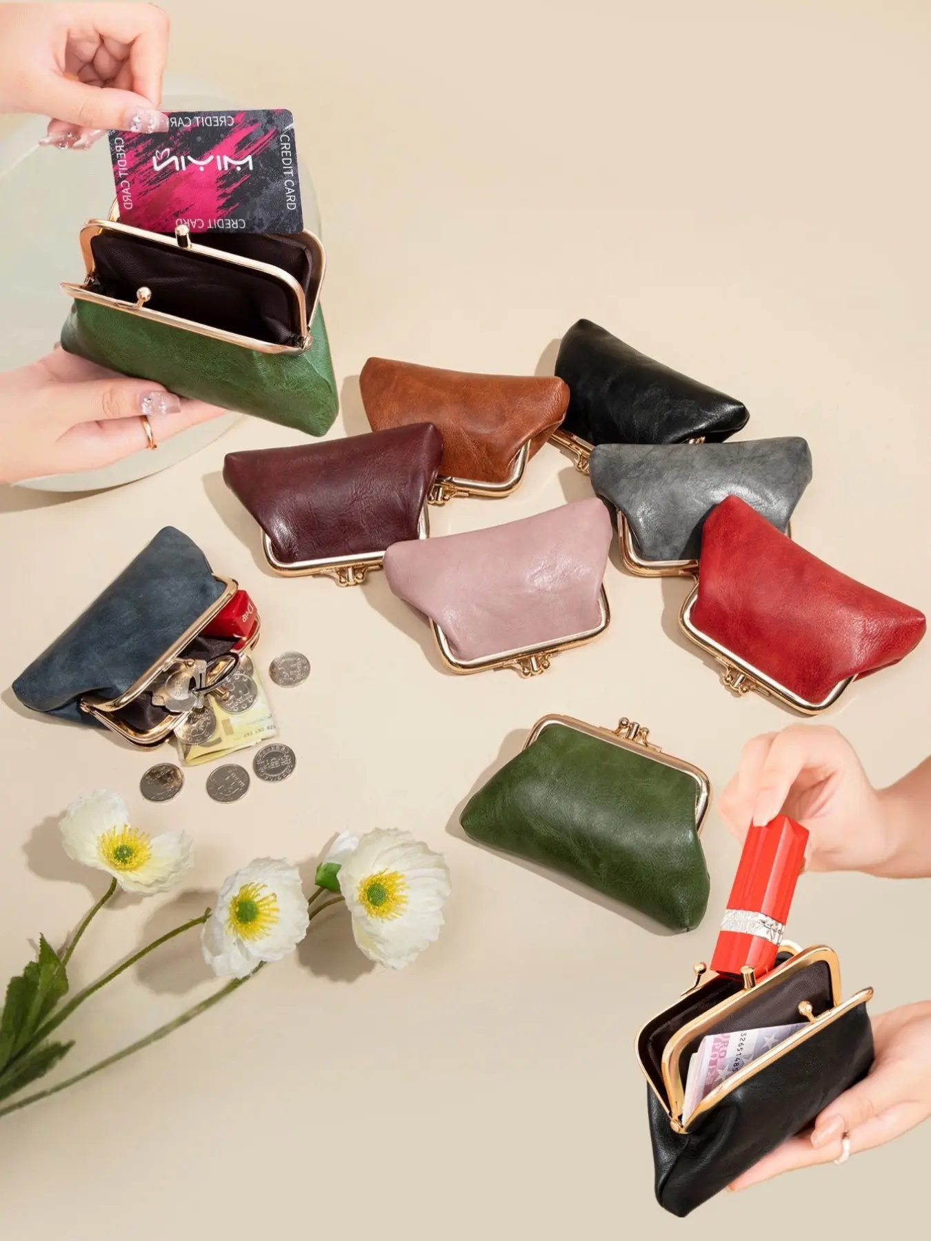 Women Vintage Soft PU Leather Mini Coin Purse, Double Compartments Kiss Lock Design, Holds Coins, Lipsticks, Cash & Small Keys, Compact Minimalist Card Holder Portable For Daily Outings & Vacation Travel