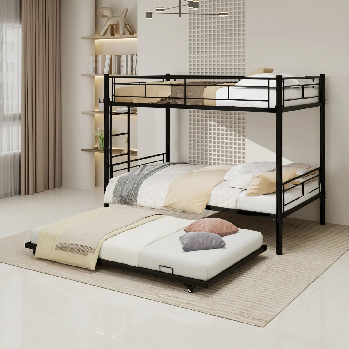 Black Twin Metal Triple Bunk Bed with Convertible Functionality – Fits 3 Beds, Space-Saving Design, Heavy-Duty Iron Frame, Modern Black Finish    RR