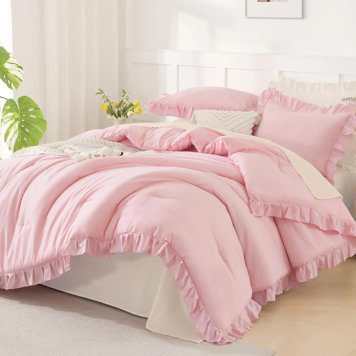 Pink Comforter Set Queen Size, 3 Pieces Solid Pink Ruffle Shabby Chic Comforter Set for Queen Bed, All Season Vintage Rustic Soft Polyester Bedding Set for Women Girls