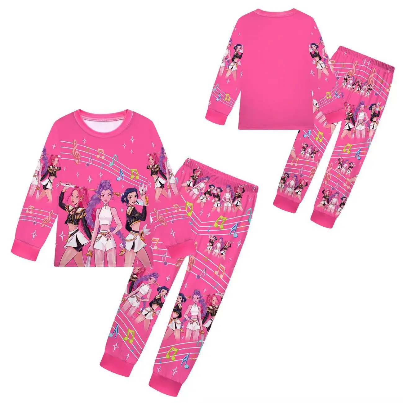 Girls' Cartoon Print Pajama Set, Round Neck Long Sleeve and Pants, Lightweight Blue Gradient, Spring & Fall Home Wear, Cartoon Pattern Pajamas