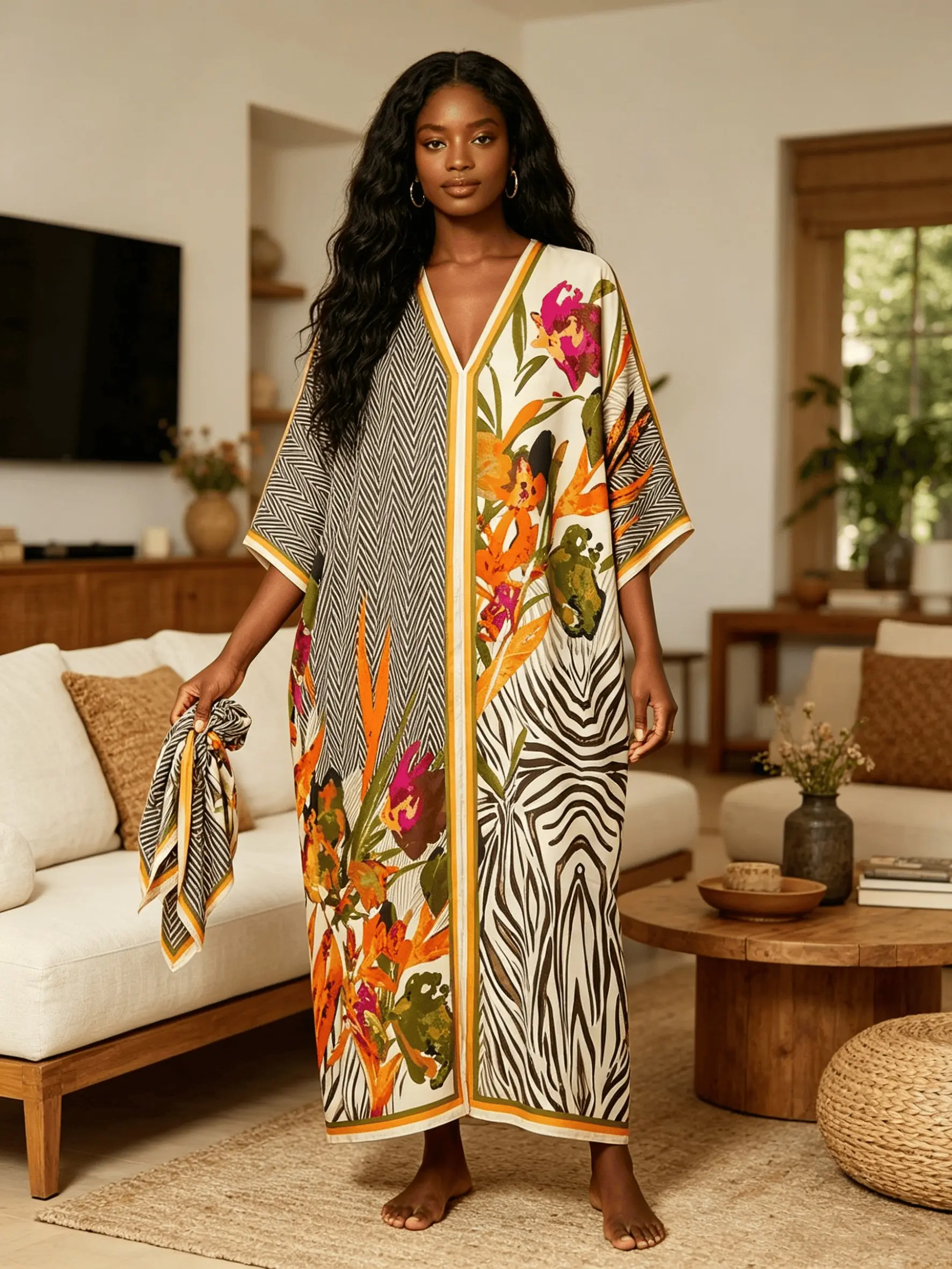 Bohemian Chic Mixed Print Zebra & Tropical Floral Silky Satin Kaftan 2 Piece Outfit with Coordinating Scarf, Oversized Plus Size Casual Loungewear, Versatile Beach Swim Cover Up, Tropical Resort Formal Long Dress