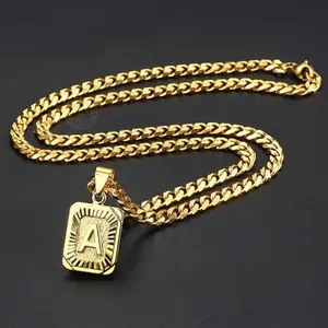 2026 Initial Letter Pendant Necklace for Men Womens, Gold Plated Square Capital Choker Alhpabets from A-Z 5mm 22inch Curb Chain Necklace