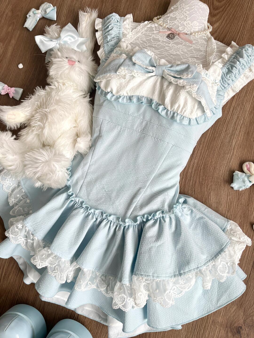 Sweet Blue Lolita Dress Women Lace Ruffle Bowknot Sleeveless Kawaii Princess Style Mini Dress Cute Cottagecore Summer Outfit New