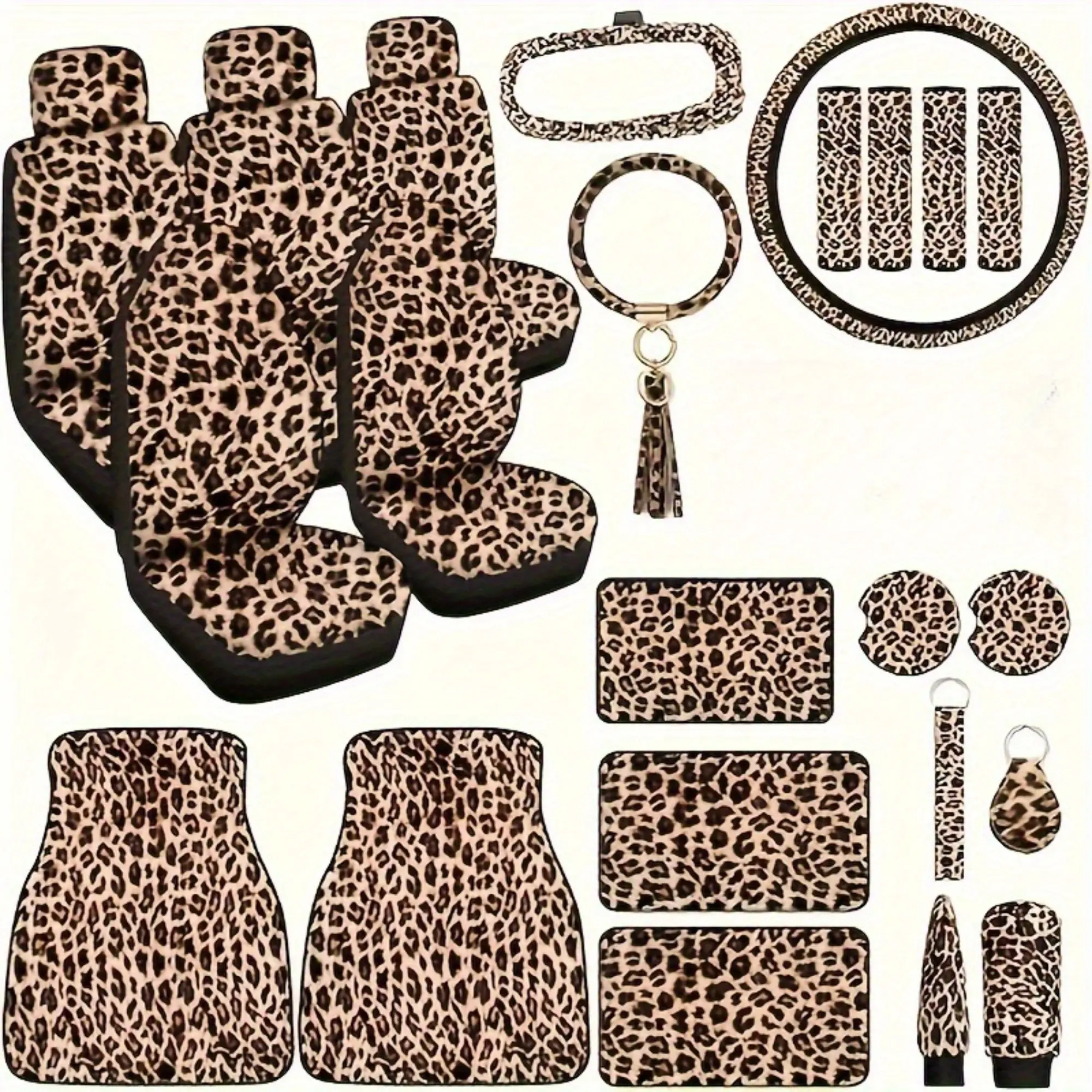 25 piece set of fashionable leopard print car interior accessories, including floor mats, steering wheel covers, seat covers, cup holders, rearview mirror covers, gear lever covers, brake lever covers, armrest box pads, easy to clean