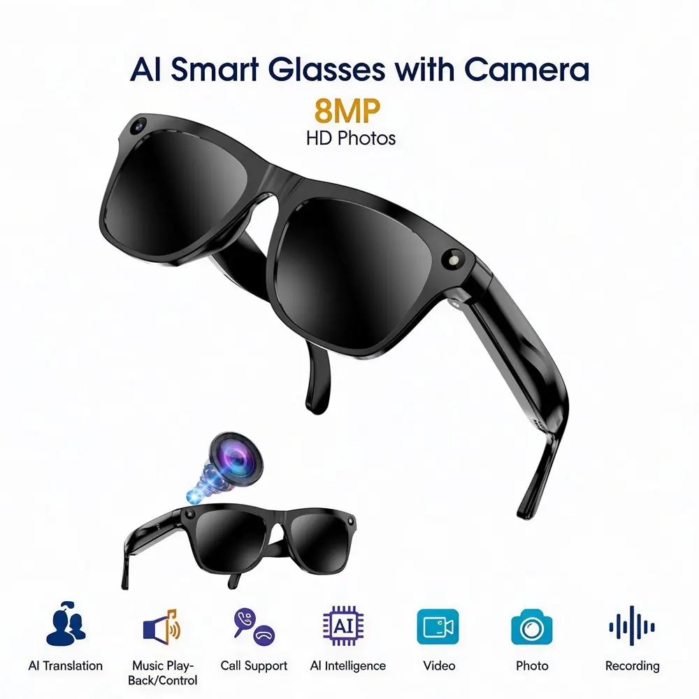 Smart Glasses with Camera, Walk, Talk, Record Steady: 8MP POV Anti-Shake Glasses with AI Translation & Audio,One Click Audio Recording,AI Simultaneous Interpretation ,WiFi Transfer, 290Mah Battery ,3Lenses Total