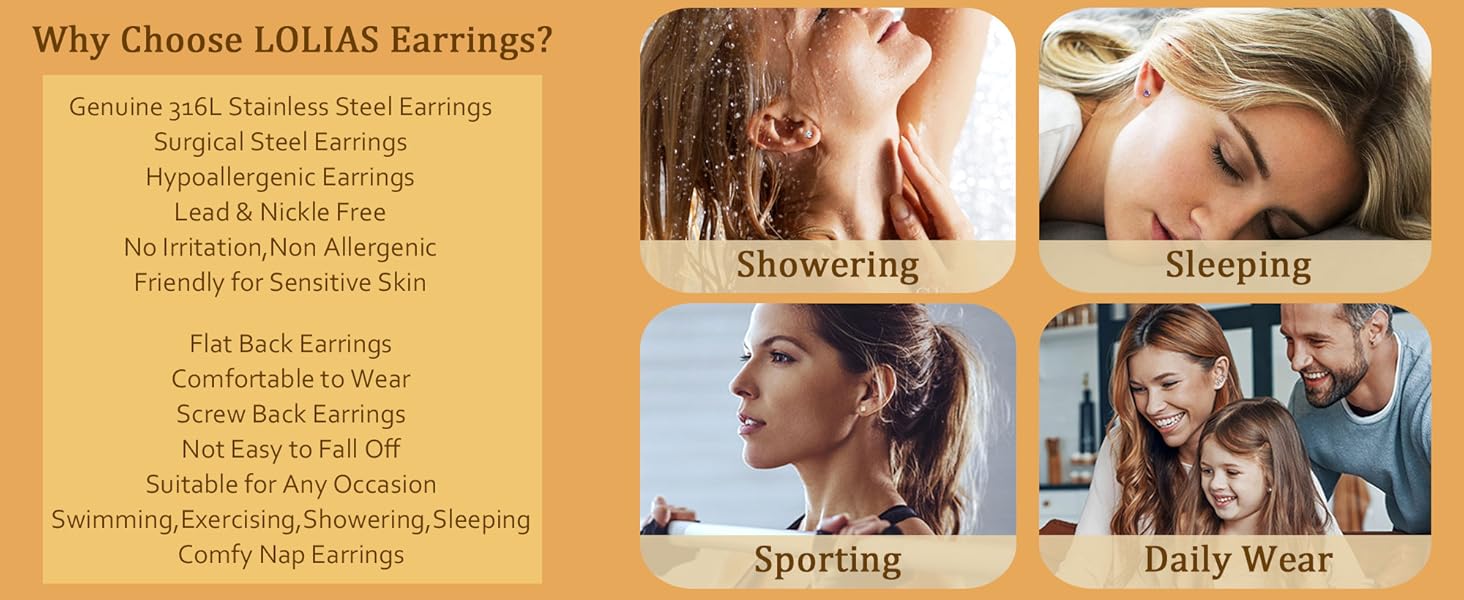 LOLIAS Hypoallergenic Surgical Steel Earrings for Sensitive Ears-20G Flat Back Earrings for Women Men-Small Stainless Steel Earrings Studs Hoop Cartilage Earring Opal Ball CZ Flatback Earrings