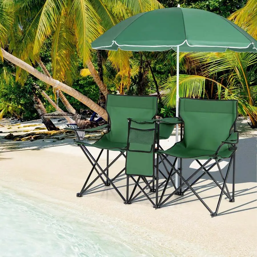 Folding Picnic Double Chair with Umbrella Table 2Seater Beach Camping Turquoise Black Red Gray Portable Outdoor Furniture with Storage Cup Holders Heavy Duty 600D Fabric Sunshade for Couples Families