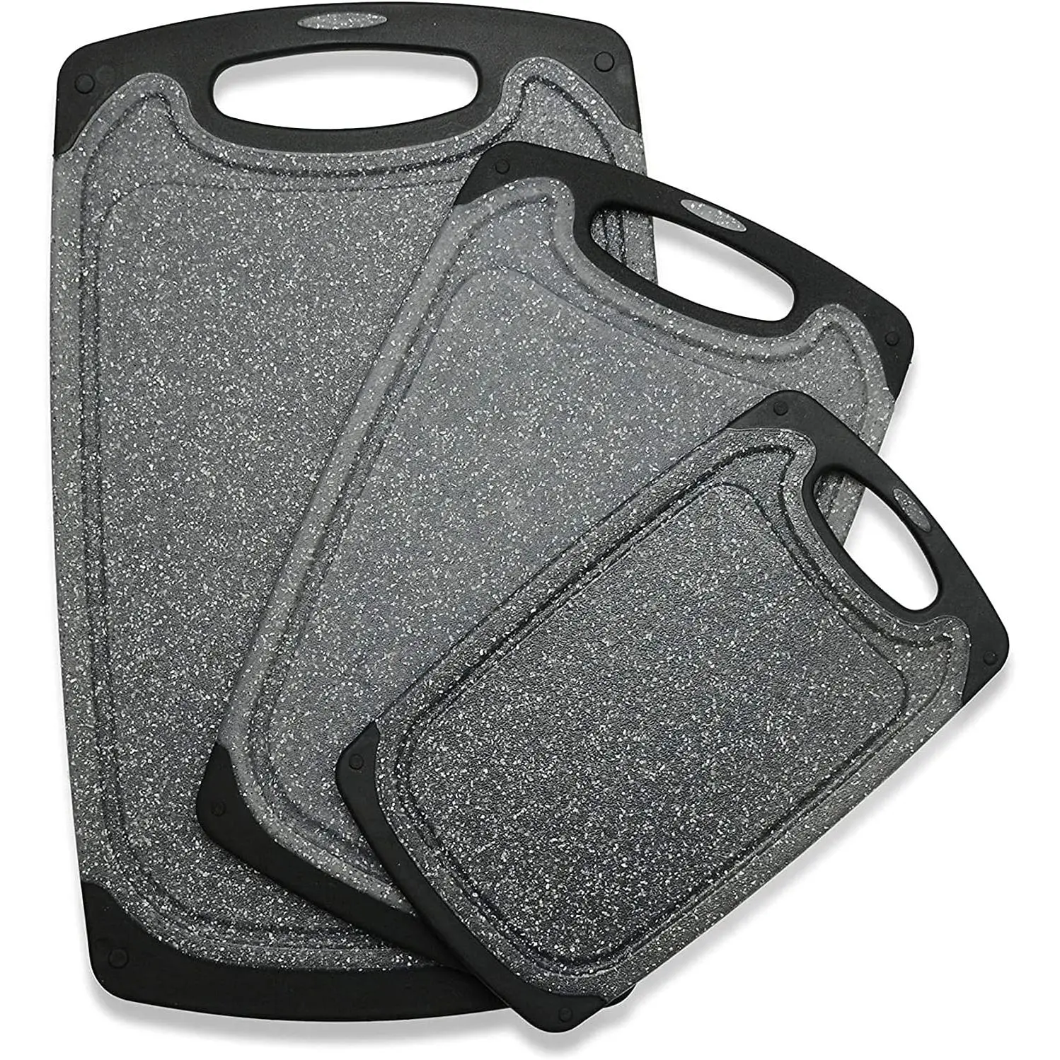 3-Piece BPA-Free Plastic Cutting Board Set for Kitchen, Thick Design with Deep Juice Grooves, Non-Slip Base, Easy-to-Grip Handle, Dishwasher Safe (Black)