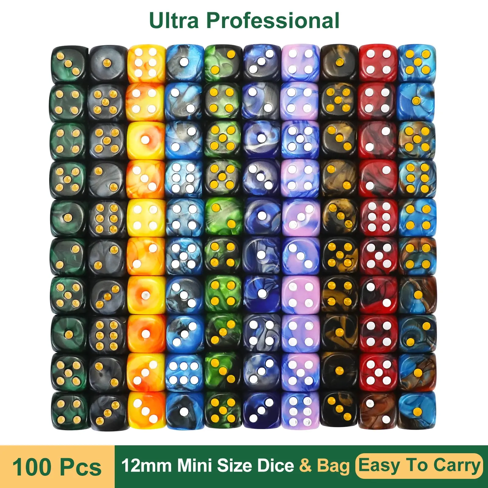 100PCS 12mm D6 Acrylic Dices Mini 6-sided Two Color Cube Round Corner Game Dice with a Create Velvet Bag For Club Party DND RPG Board Game Bar Table Accessories