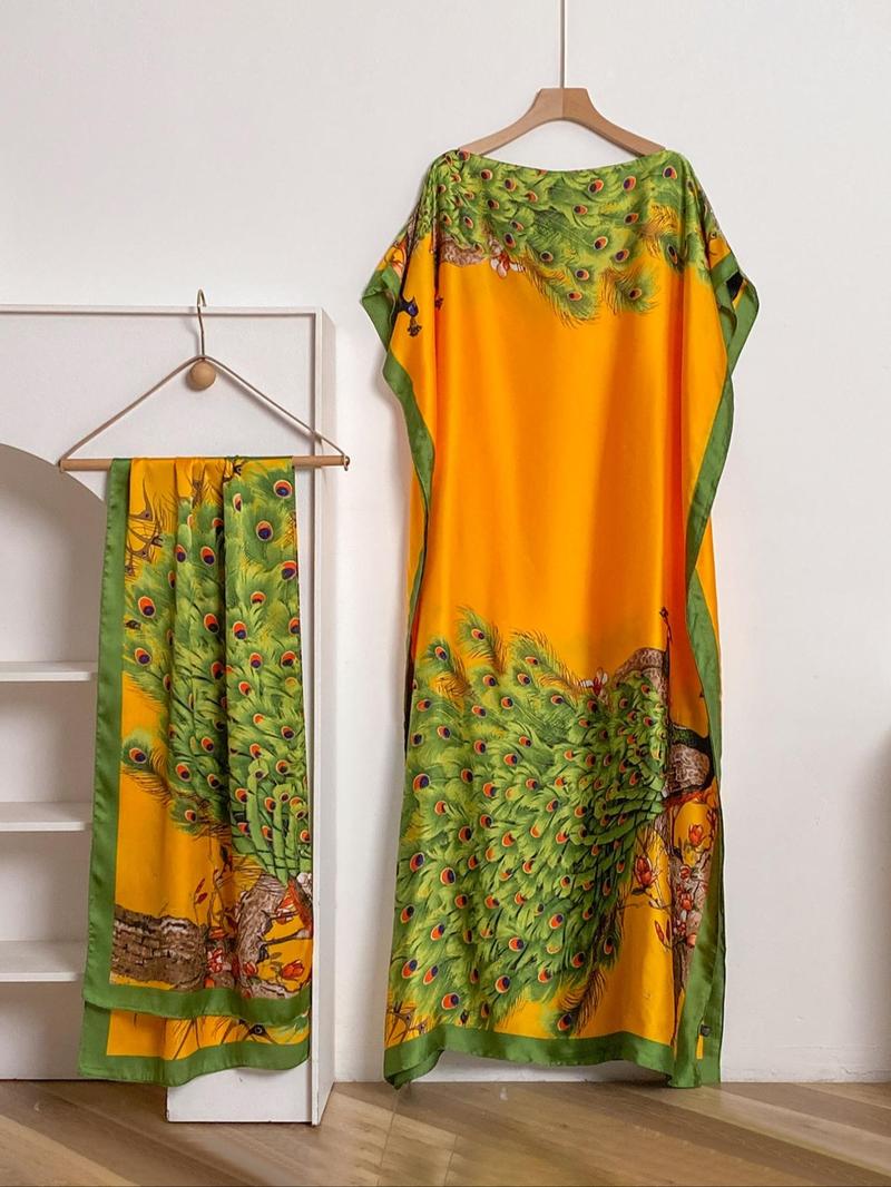 Women's Peacock Print Cape Shawl & Scarf Set, Elegant Beach Cover-Up For Holiday Vacation, Swimsuit Cover Up