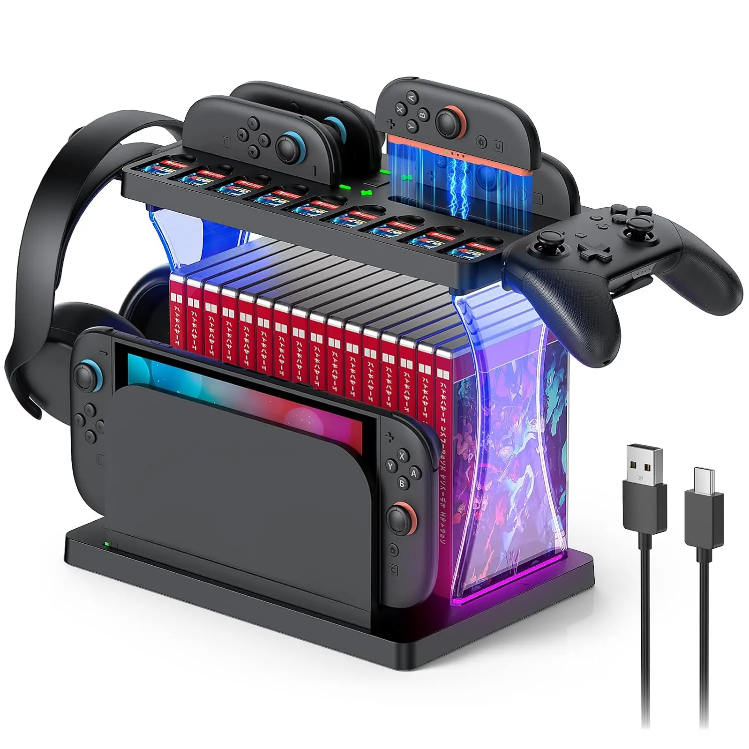 5-in-1 Synthetic Gaming Console Accessories Organizer with LED Light, USB-C Dock, 2 Ambient Light Frames, 2 Controllers Holder, 16-Card Case & 9-Card Slot (For 2025 Joypads)