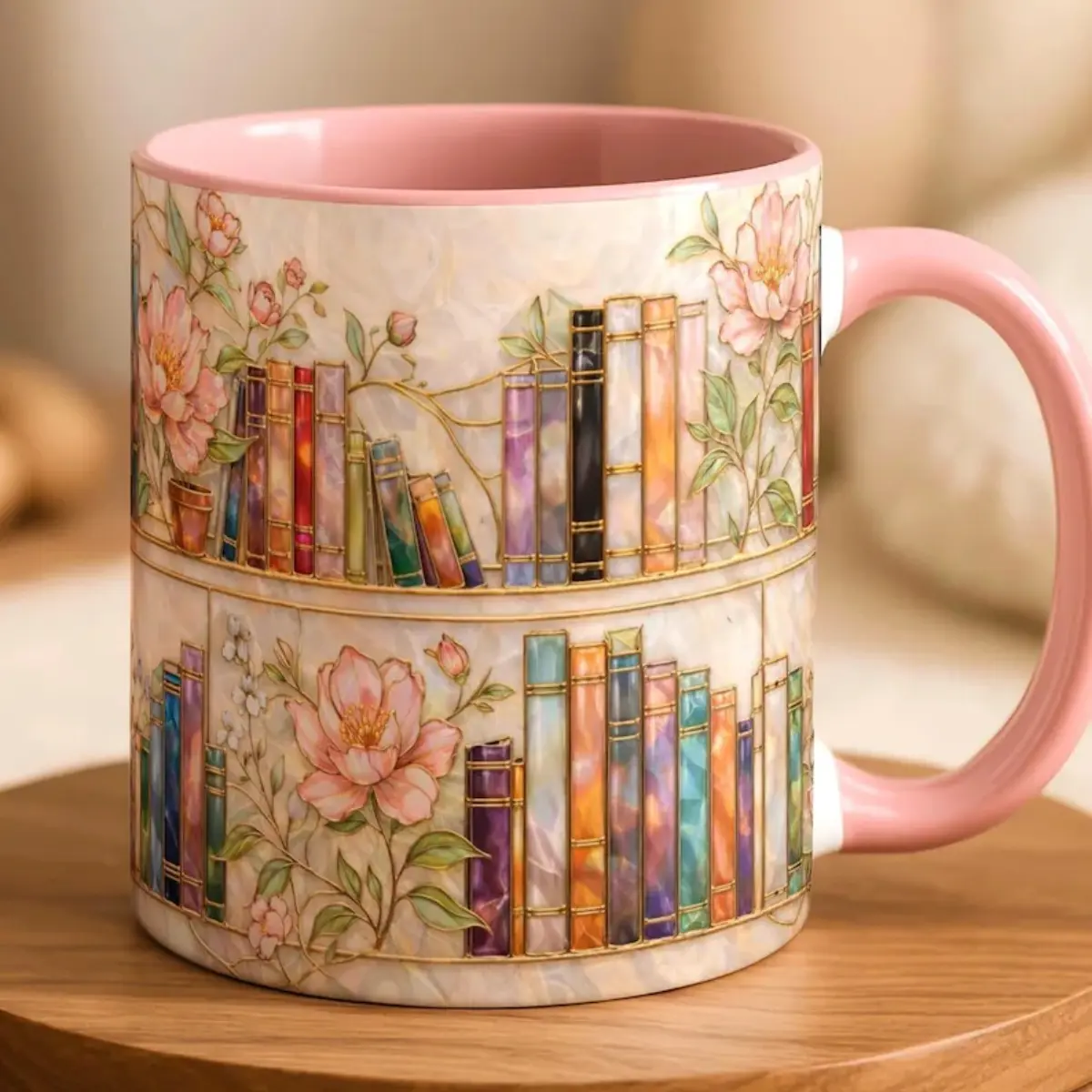 Stained-Glass Style Floral Bookshelf Mug, Book Lover Gift, Bookish Mug, Stained Glass Gift, Library Cup 11oz 15oz, Vibrant faux stained glass art ceramic cup, charming floral bookshelf design drinkware, literary themed daily mug