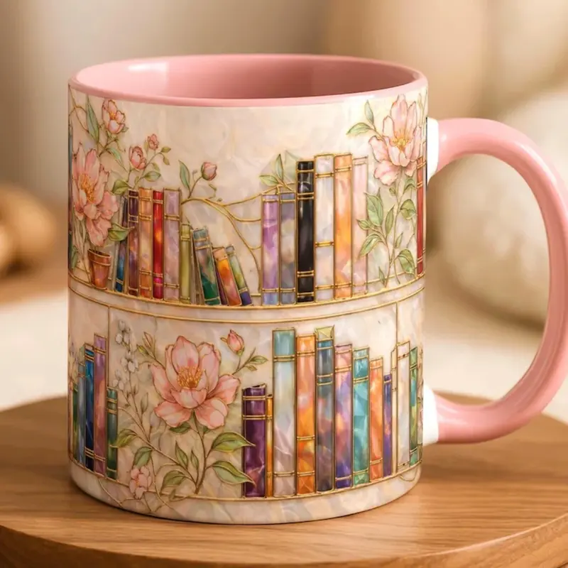 Stained-Glass Style Floral Bookshelf Mug, Book Lover Gift, Bookish Mug, Stained Glass Gift, Library Cup 11oz 15oz, Vibrant faux stained glass art ceramic cup, charming floral bookshelf design drinkware, literary themed daily mug