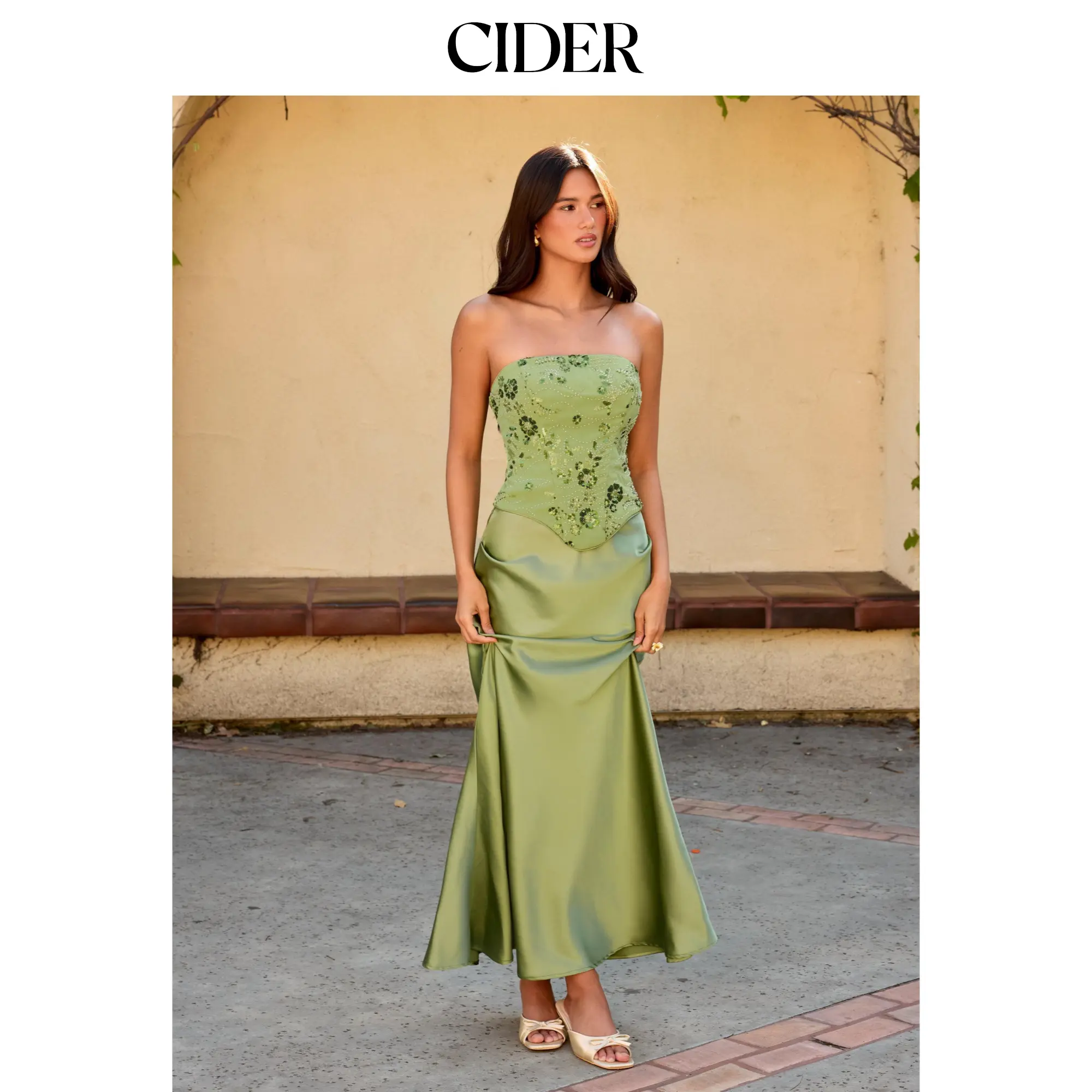 Cider Lace Embroidery Floral Corset Top & High Rise Mermaid Maxi Skirt Set