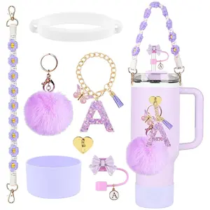 7PCS Accessories Set for Stanley Cup Purple Straw Topper Cup Boot Water Bottle Handle Strap Letter Charms 40oz 30oz Tumbler