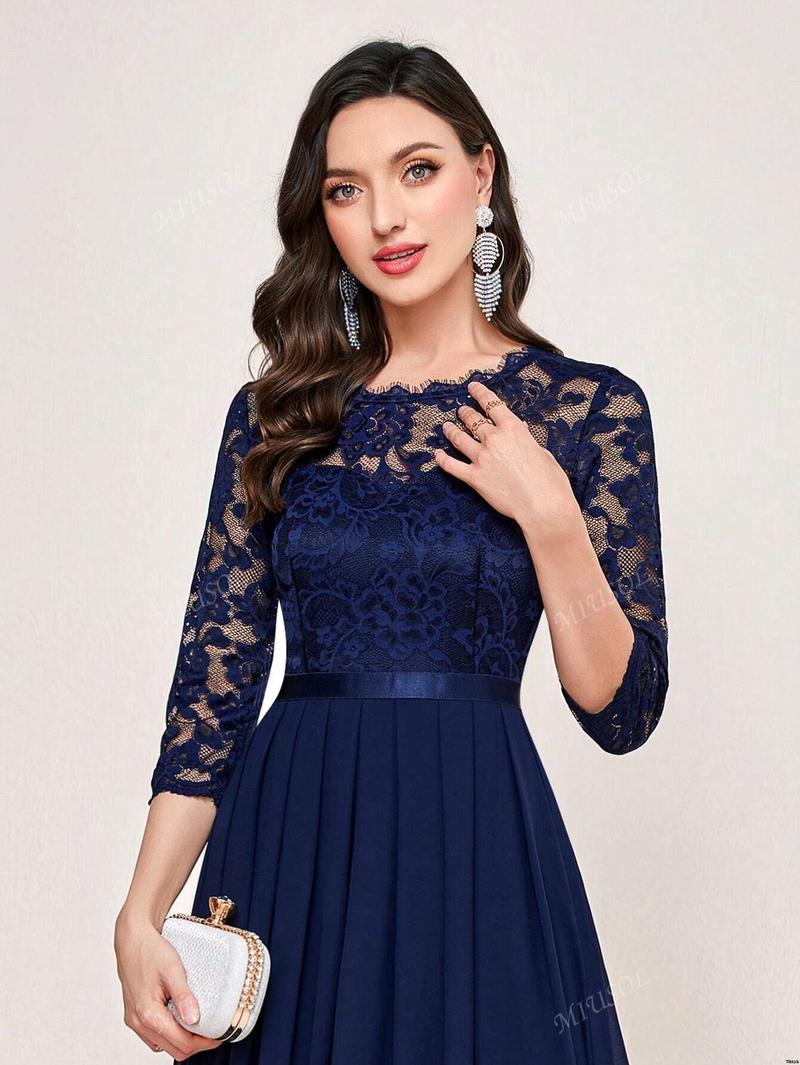 Formal Hem Pleated Elegant MIUSOL Floral Lace Chiffon Party Dress