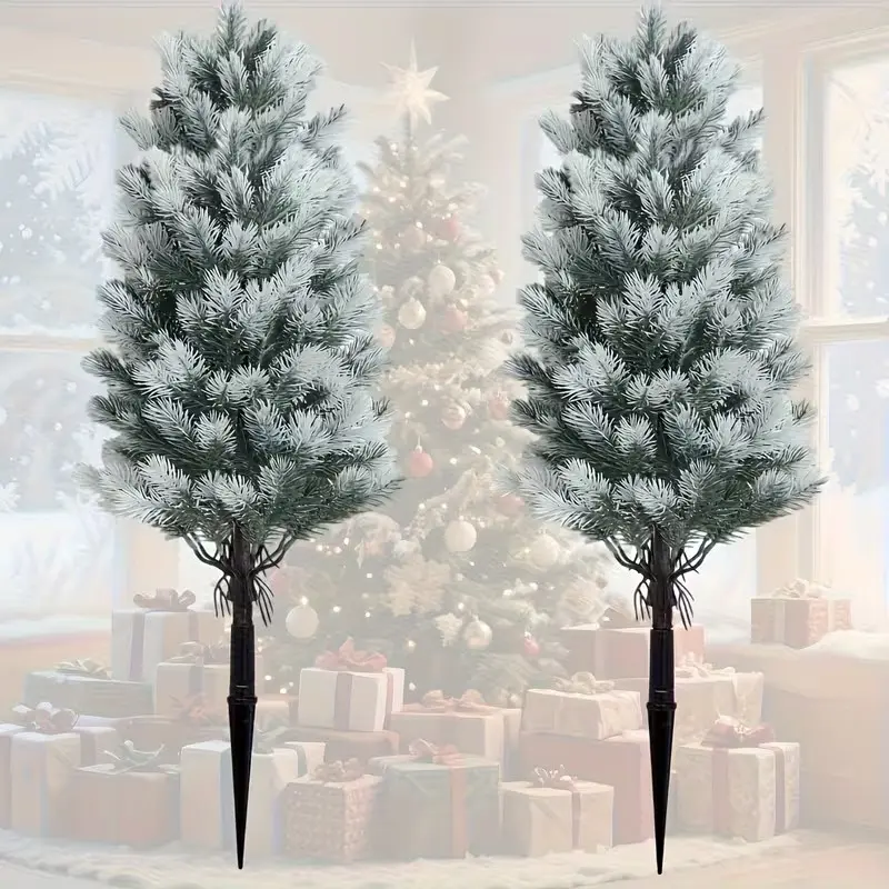 2 pieces of Christmas pine branches for tree decoration - realistic indoor/outdoor green plants, sturdy black pointed base, weather-resistant plastic material, suitable for garden and courtyard holiday decorations