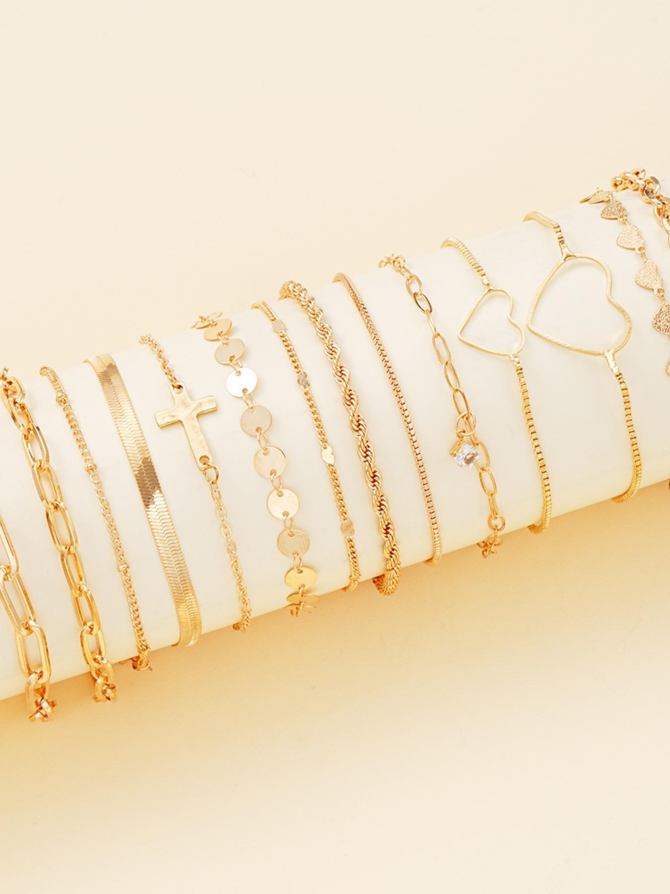 Women's Elegant Stackable Bracelets Set, 14pcs/set Cross & Heart Design Link Bracelet & Chain Bracelet, Fashion Casual Trendy Jewelry for Party, Daily Decor, Trendy All-match & Exquisite Jewelry for Birthday Gift