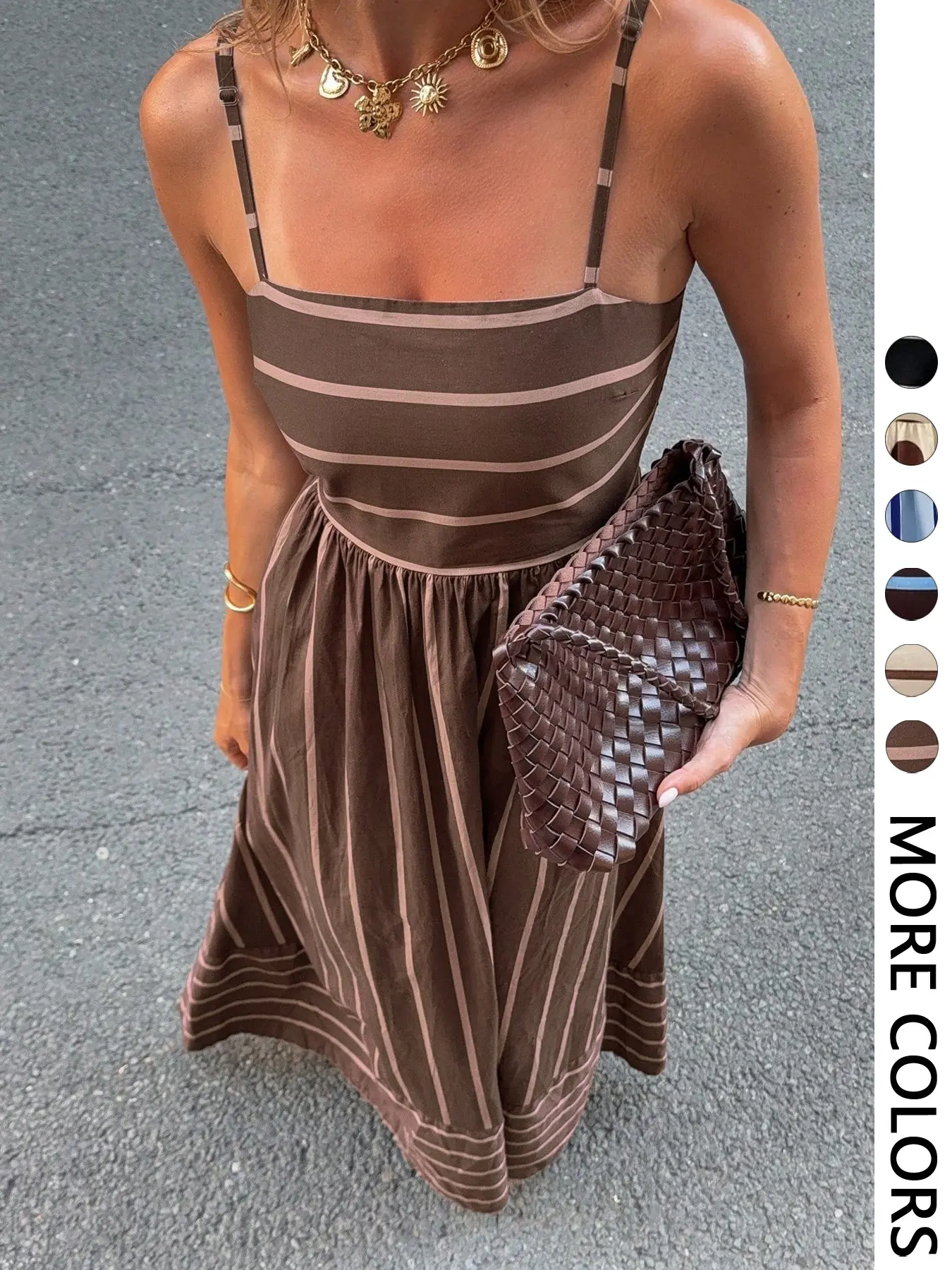 Women's Striped Print Casual Summer Vacation Square Neck Thin Strap Dress, French Vintage Style, Perfect for Holidays