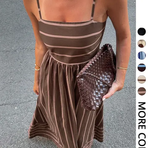Women's Striped Print Casual Summer Vacation Square Neck Thin Strap Dress, Sleeveless Casual Sundress, French Vintage Style, Perfect for Holidays