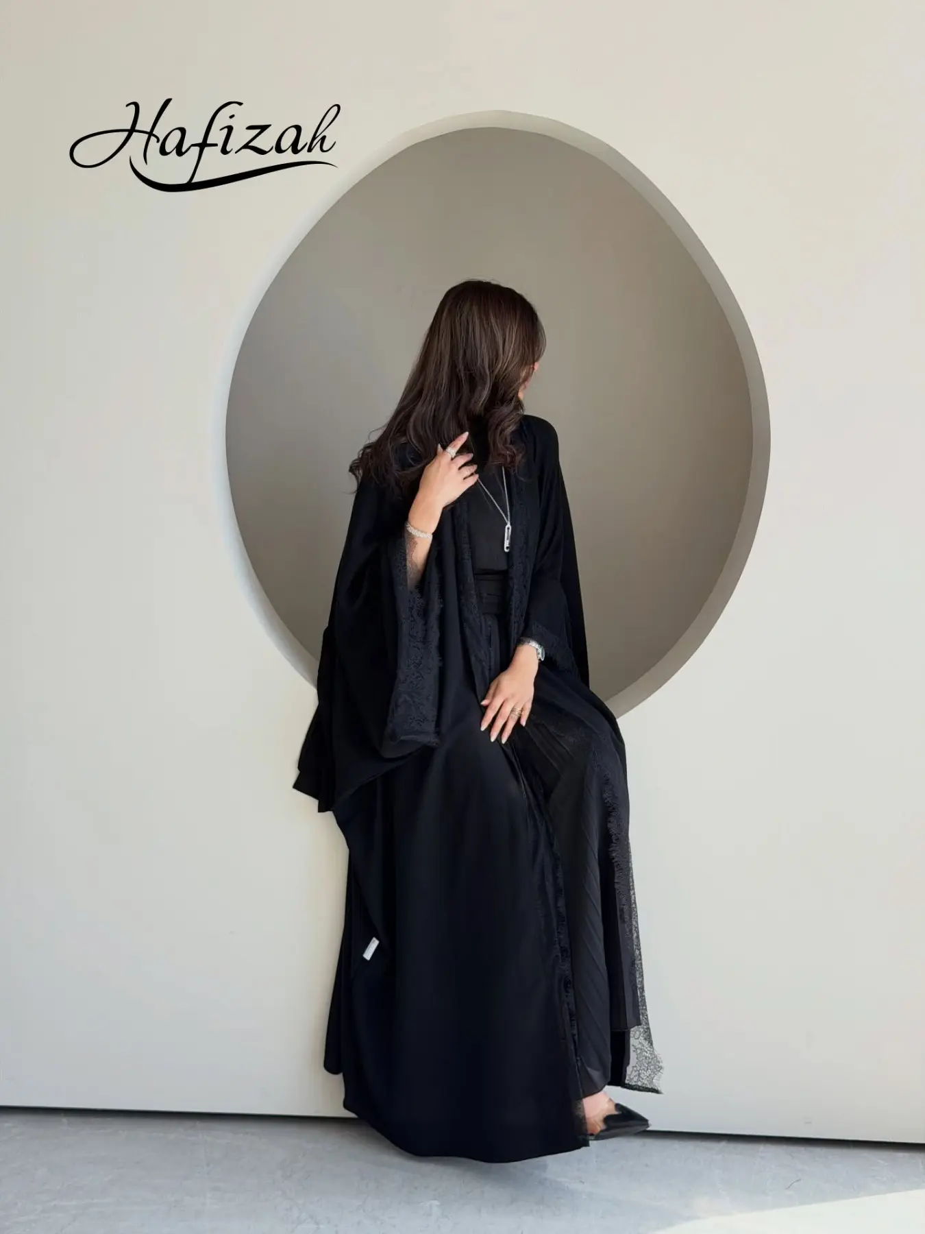 Hafizah Women's Elegant Dubai Abaya, Lace Trim Wide Sleeve Open Front Muslim Robe, Formal Full-Length Design, All Seasons Outerwear