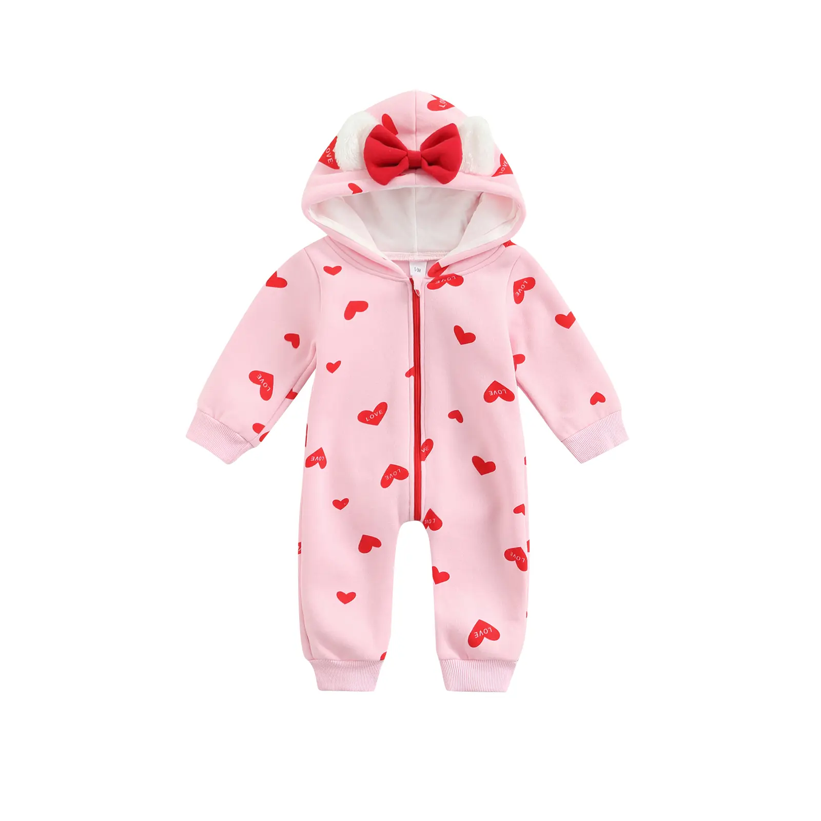 Newborn Casual Hooded Jumpsuit Love Letter Print Long Sleeve Zipper Romper with Bow Cute Outfit