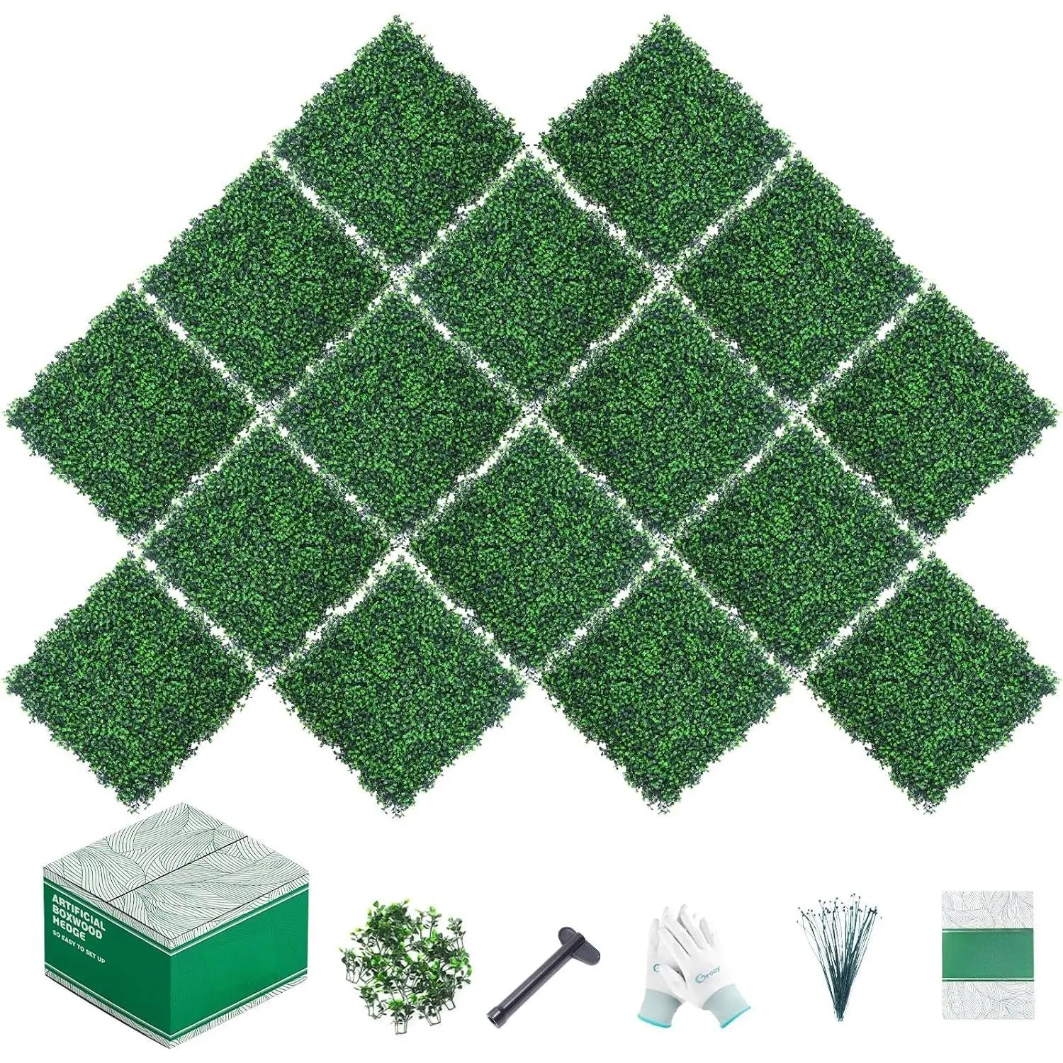 16-Count Pe Synthetic Square Boxwood Panels (10"x10") - Interlock Easy Modern Sun-Protected Green Wall Decor for Outdoor Garden, Indoor Party Backdrop Screen, Square Panels